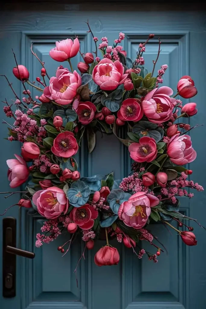 Spring Wreath with  Faux Flowers Porch Decor