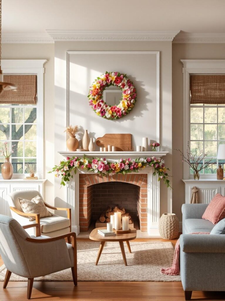 Spring Mantel Decor Featuring Spring Flower Wreath