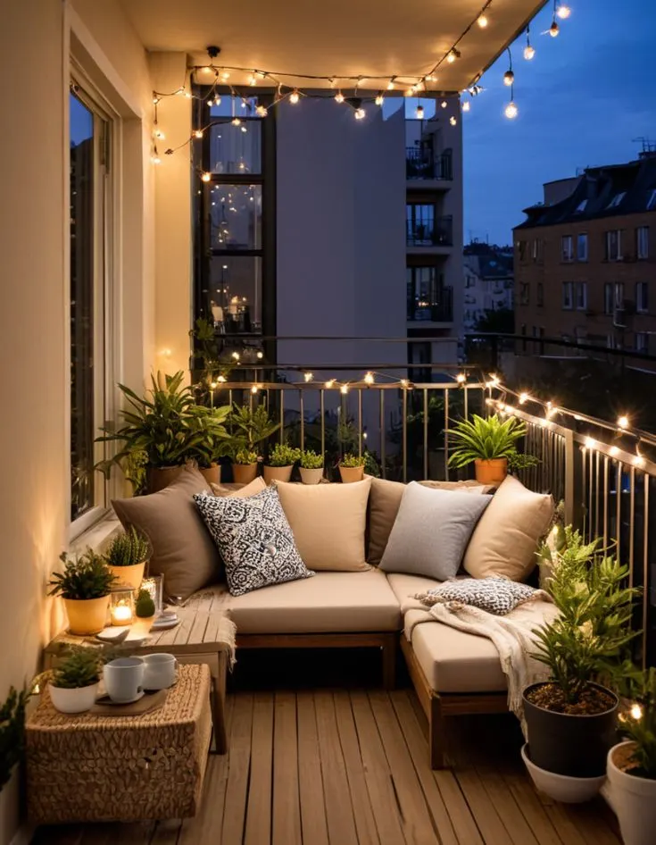 Small Balcony Decorated with String Lights 