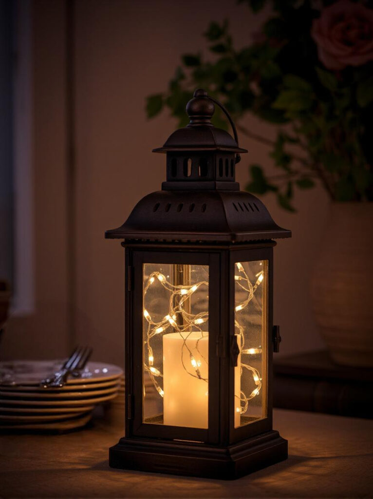 Antique Lantern with Fairy Lights as a Dining Table Centerpiece