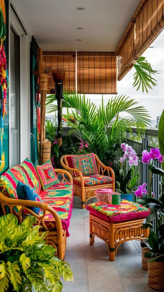 Eclectic Small Balcony Protected from Weather using Bamboo Blinds