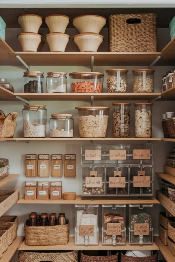 Aesthetically Pleasing Different Types of Baskets used to Store items in the Walk in Pantry