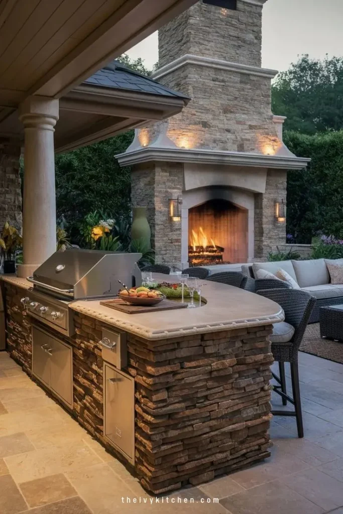 Outdoor Kitchen with BBQ Area Attached to the Island and Seating 