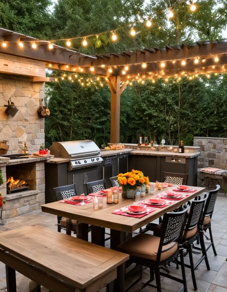 Festive Outdoor Kitchen with String Lights