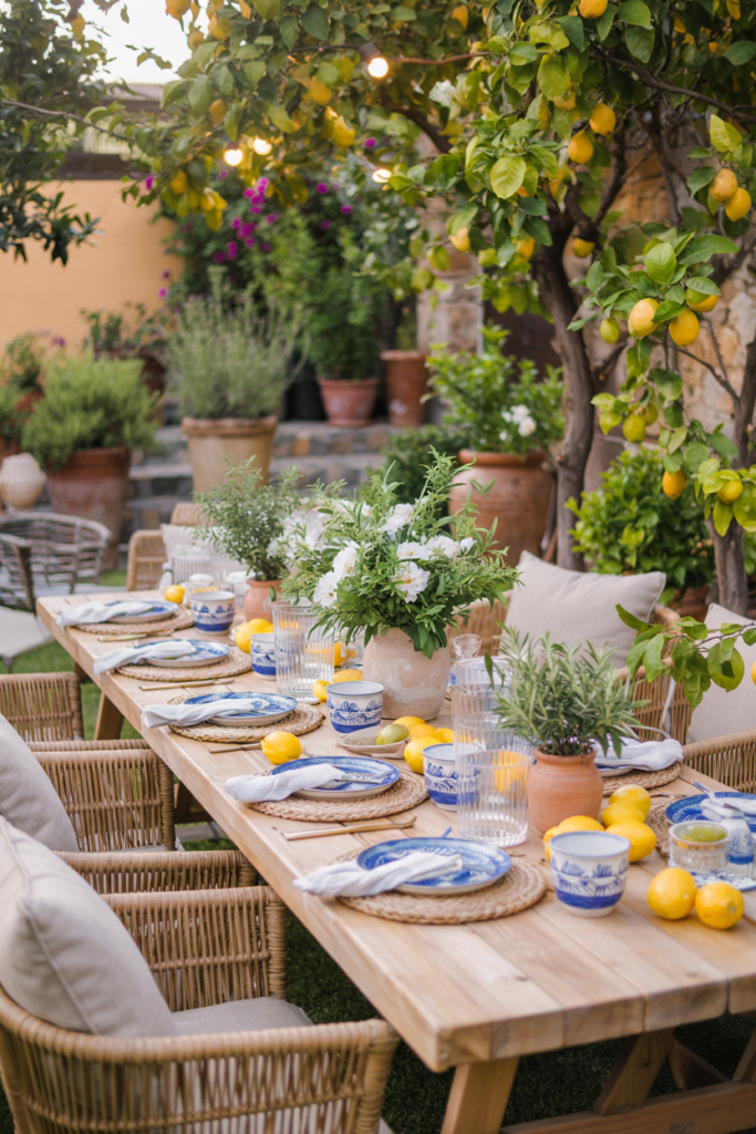 A rustic outdoor dining table decorated with blue and white ceramics, fresh lemons, olive branches, and terracotta pots, set in a sunlit Mediterranean-style garden.