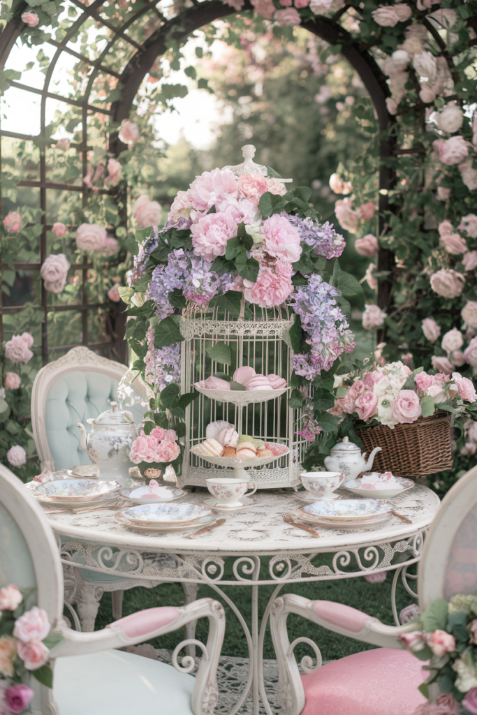 A whimsical tea party with vintage porcelain teacups, a floral birdcage centerpiece, lace tablecloths, and a rose-covered trellis in the background.