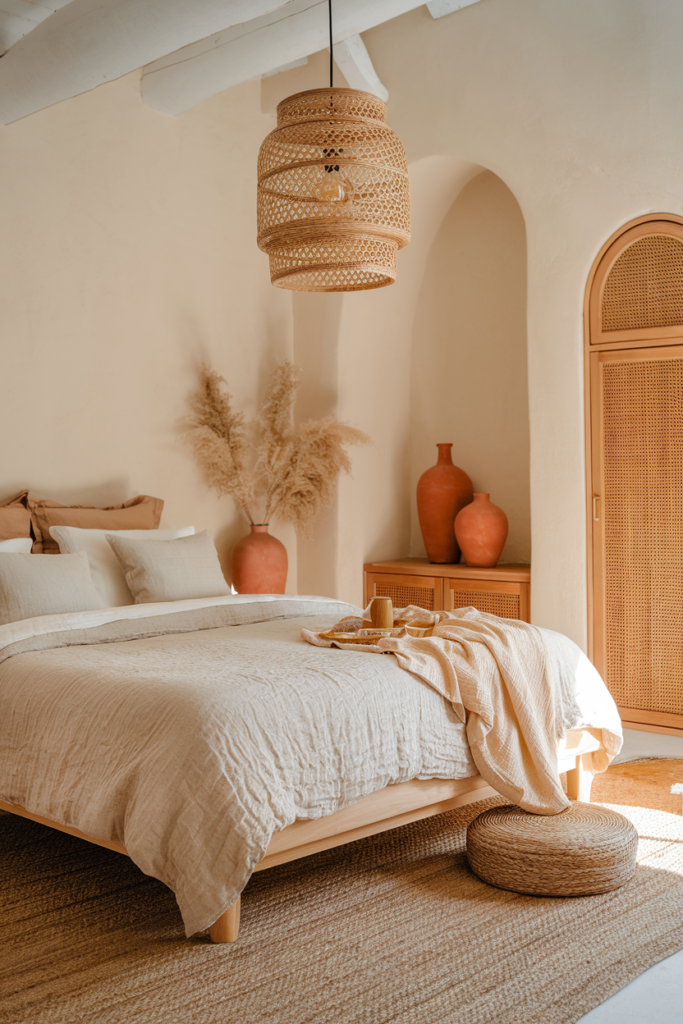 Boho Chic Style Bedroom Decorated with Natural Textures