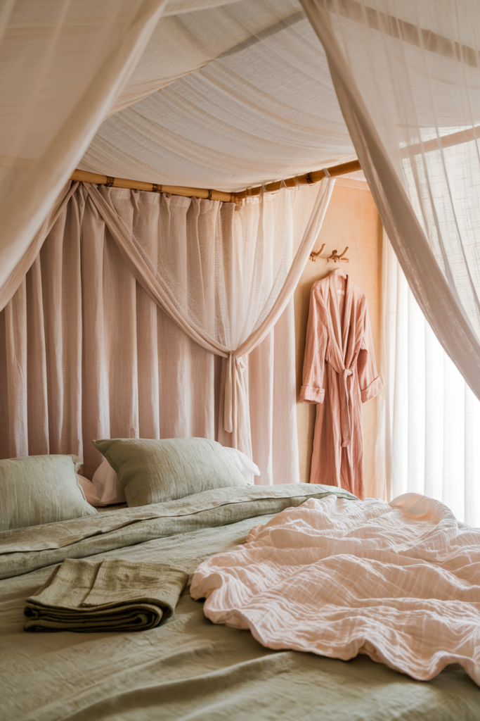 Boho Style Minimalist Bedroom styled with Natural Light Fabrics