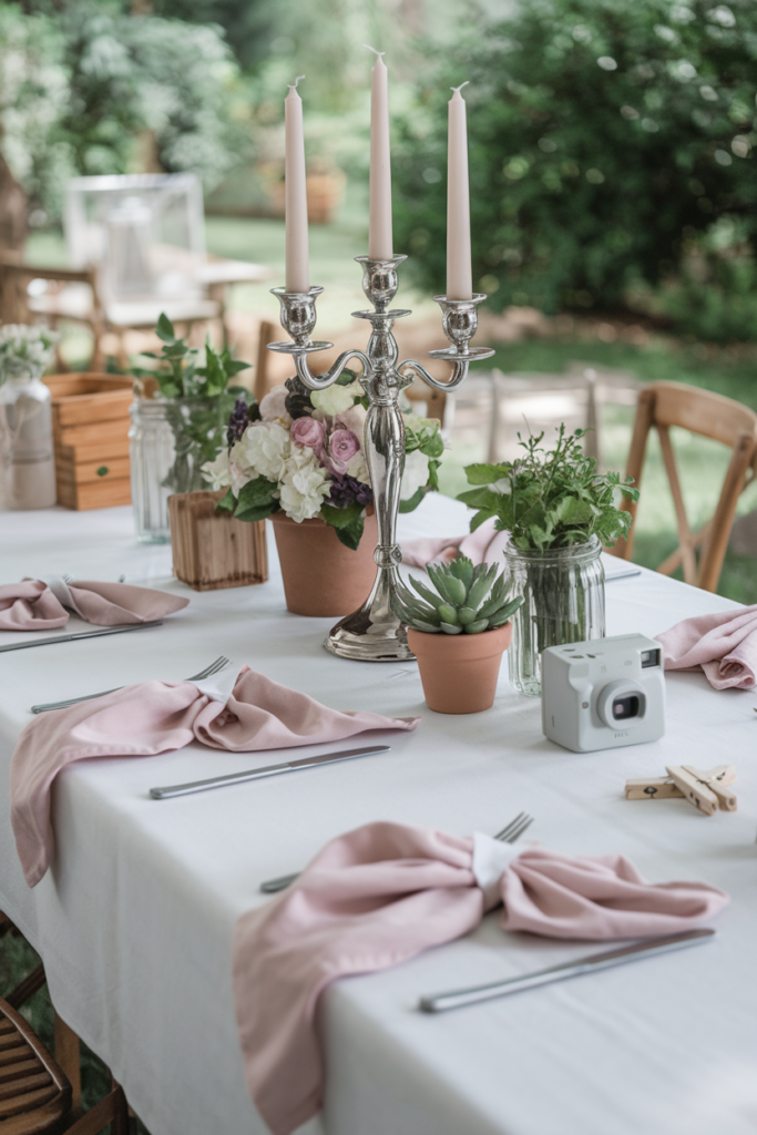 A table with Floral and Candle Centerpieces.