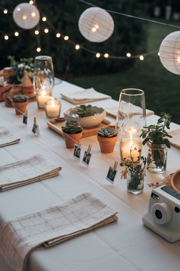 A table with string lights, solar lanterns, and small succulents doubling as place cards, creating a warm, inviting ambiance.