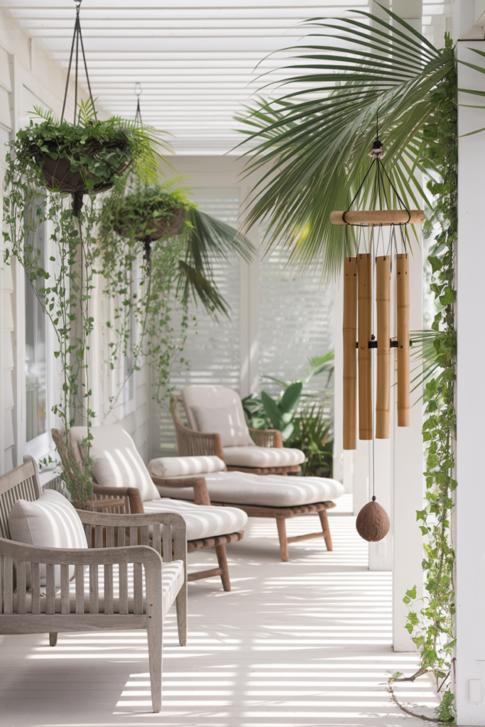 The porch is decorated with a Bamboo Wind Chime for summer in a tropical style.