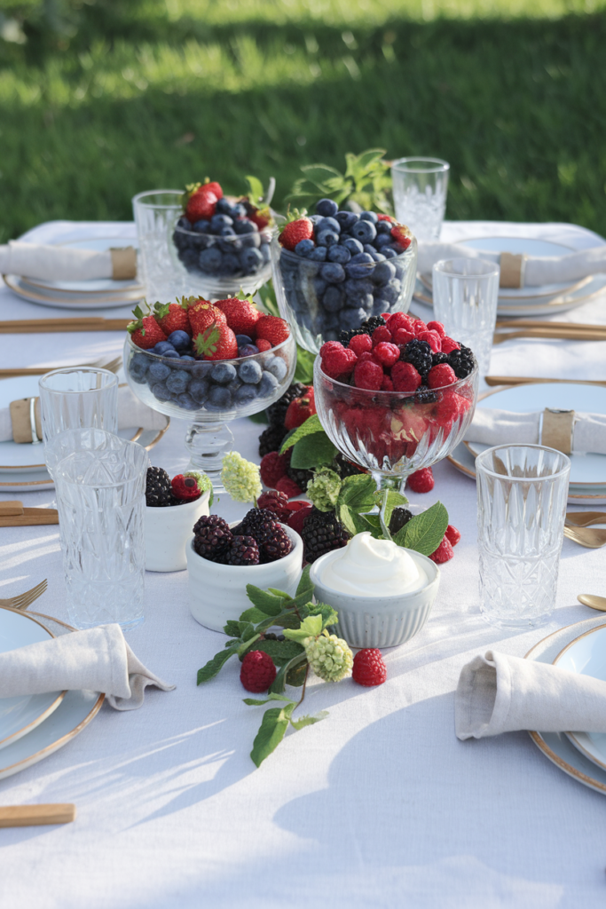 Elegant summer tablescape with bowls of colorful berries, green sprigs, and white linen tablecloth.