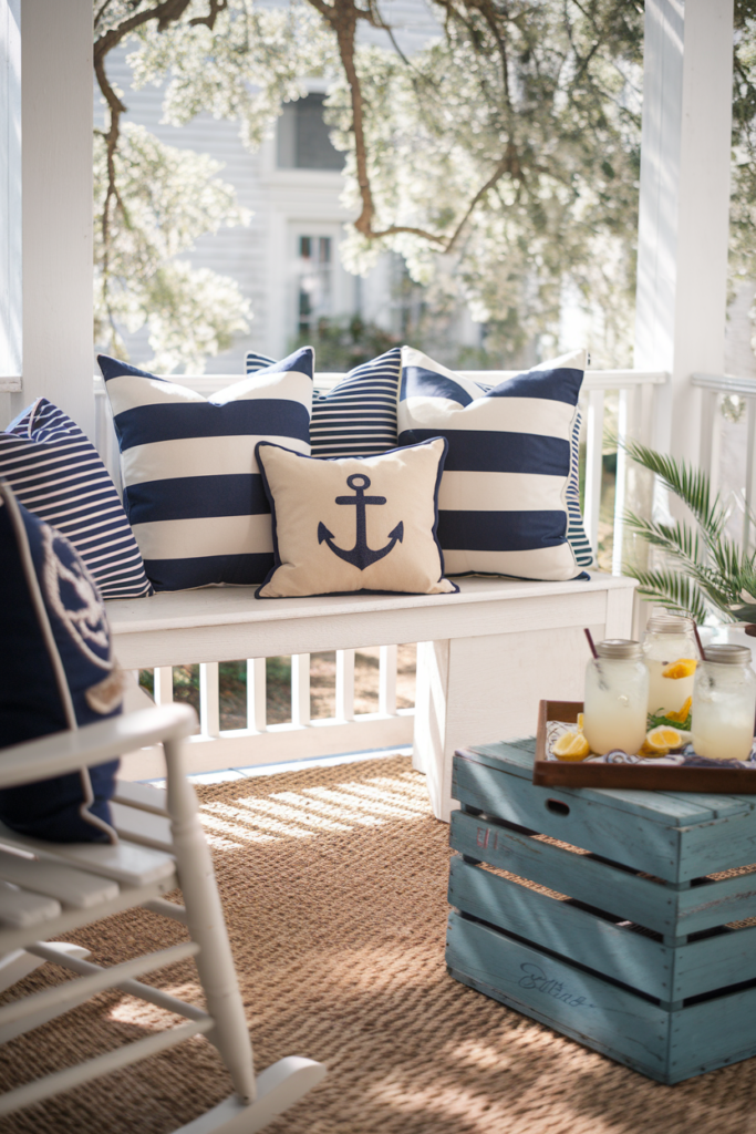 Blue and White Stripe Pillows with anchor accent as a Coastal style Summer Porch Sofa Décor