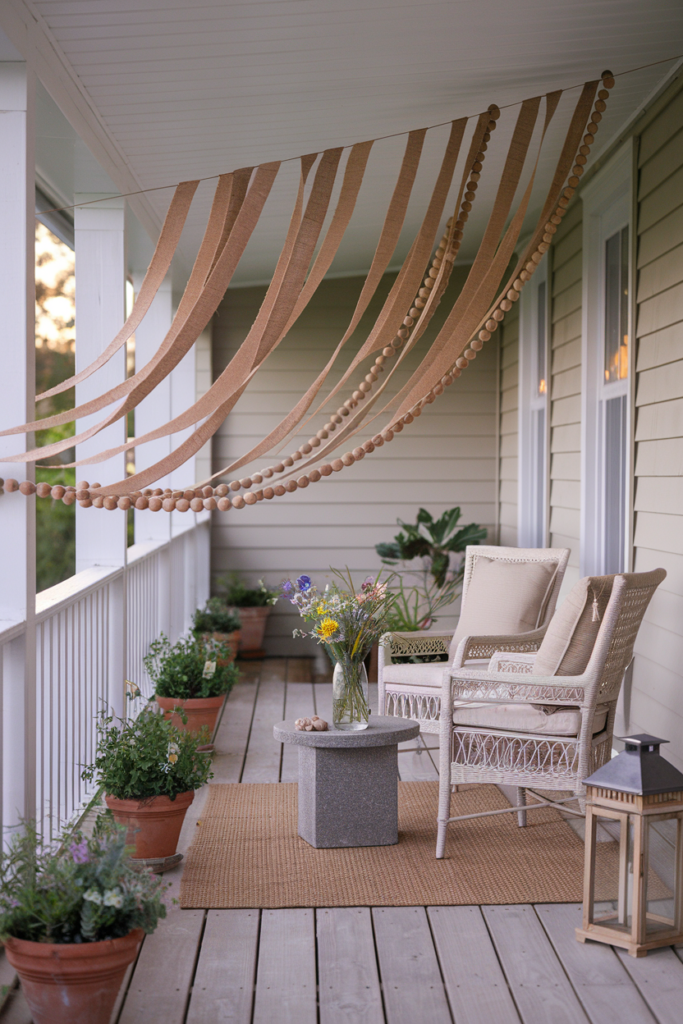A Burlap Ribbon Garland with Wooden Beads as rustic summer décor for the porch.