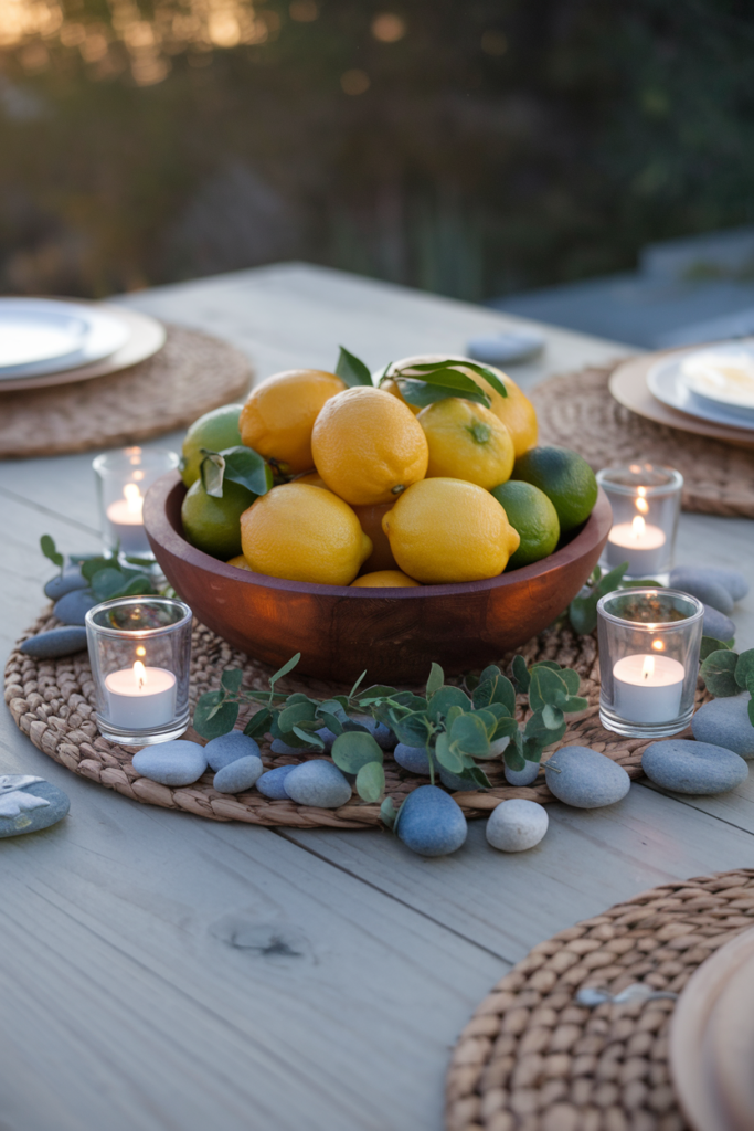 A wooden bowl filled with lemons and limes, surrounded by tea lights and river stones on a linen-clad table.