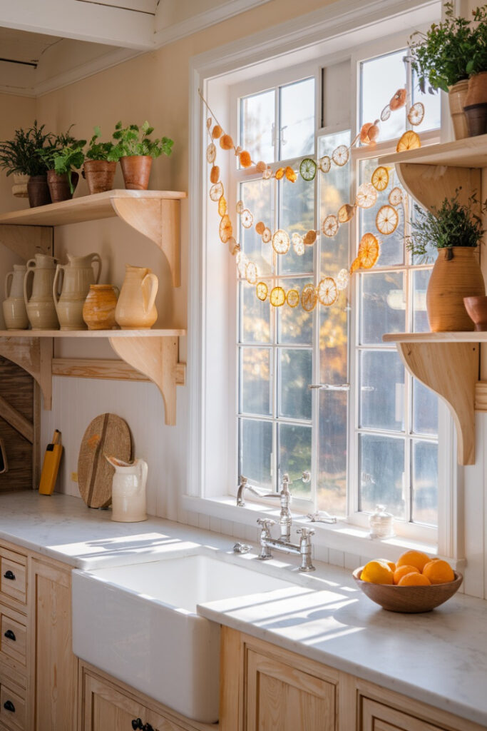 Citrus Slice Garland hangs in the Kitchen Windows as a Summer Decoration