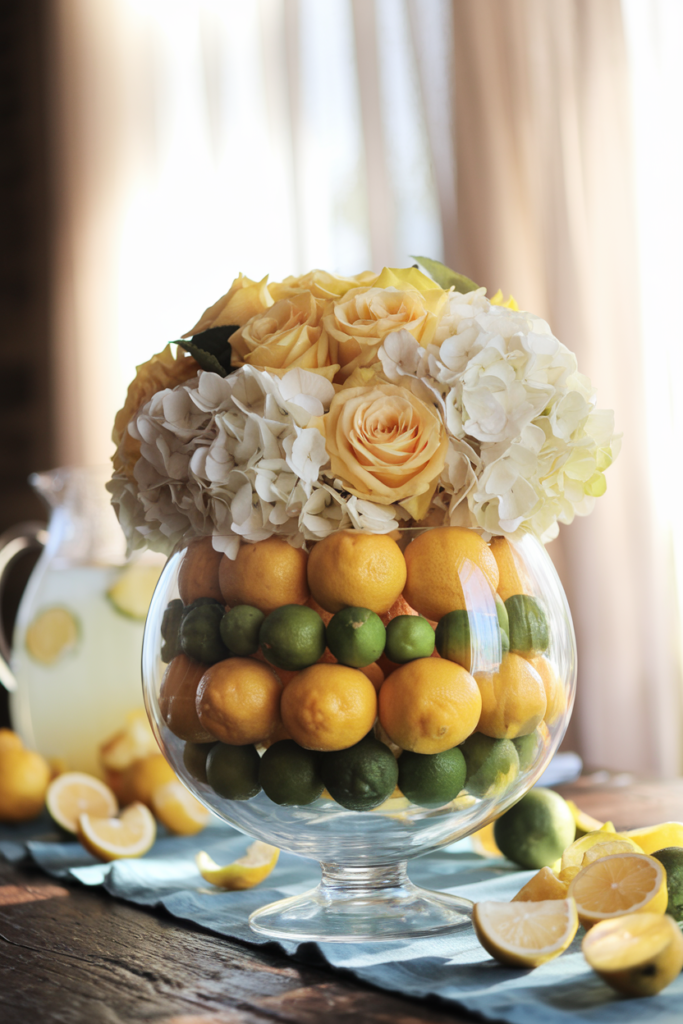Glass bowl with lemons, limes, and white flowers on a rustic table.