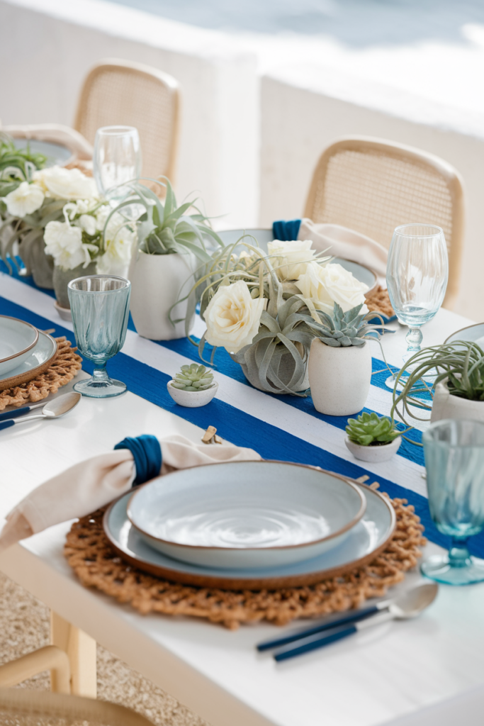Breezy coastal table with blue striped runner, white flowers, air plants, and river stone place cards.