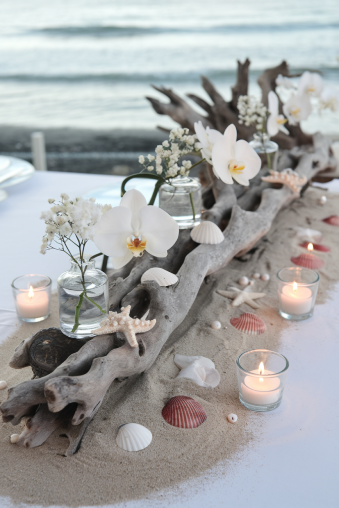 Driftwood centerpiece with orchids, seashells, and candles.