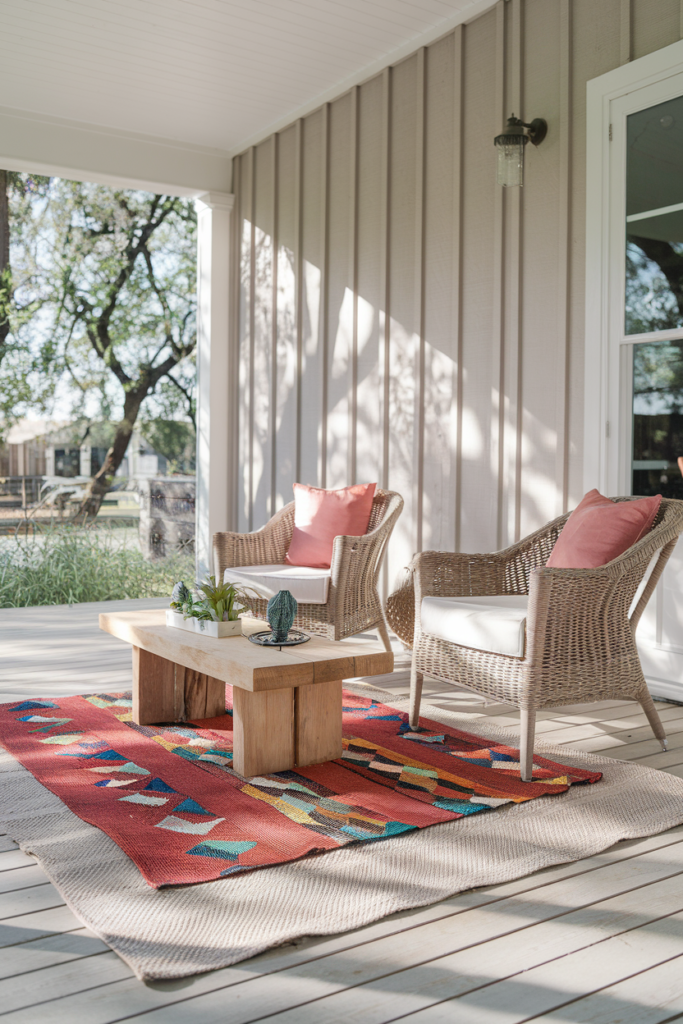 A colorful rug layered over a neutral one on the porch creates a boho-style summer decor look.