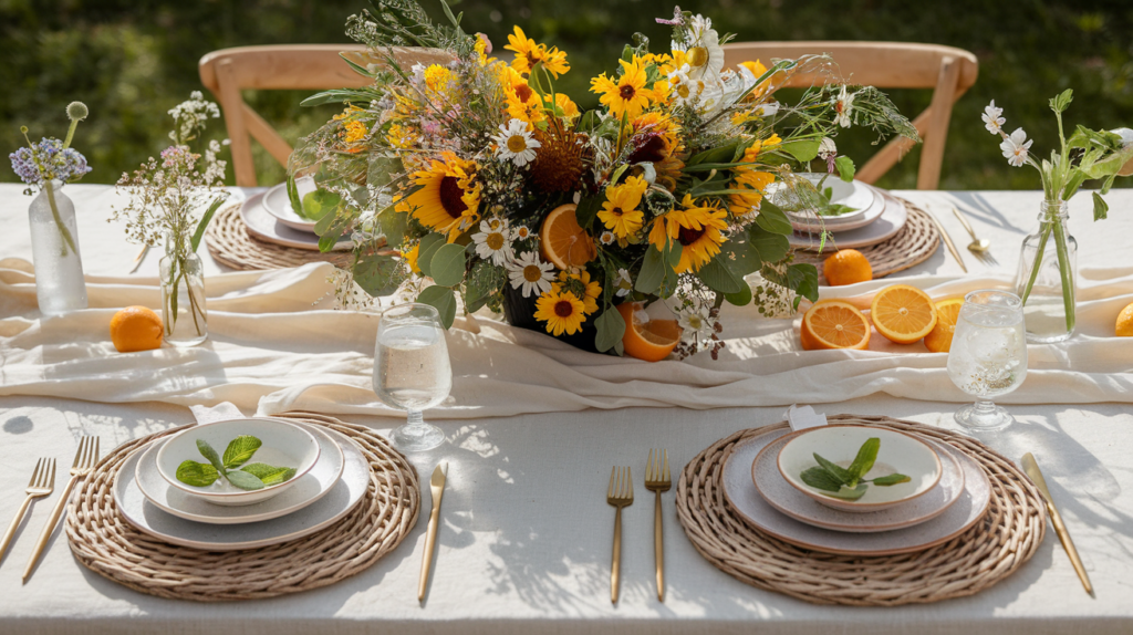 Outdoor summer dining table with a white linen tablecloth, vibrant wildflower and citrus centerpiece, rattan placemats, ceramic plates, gold flatware, and string lights in a lush garden setting.