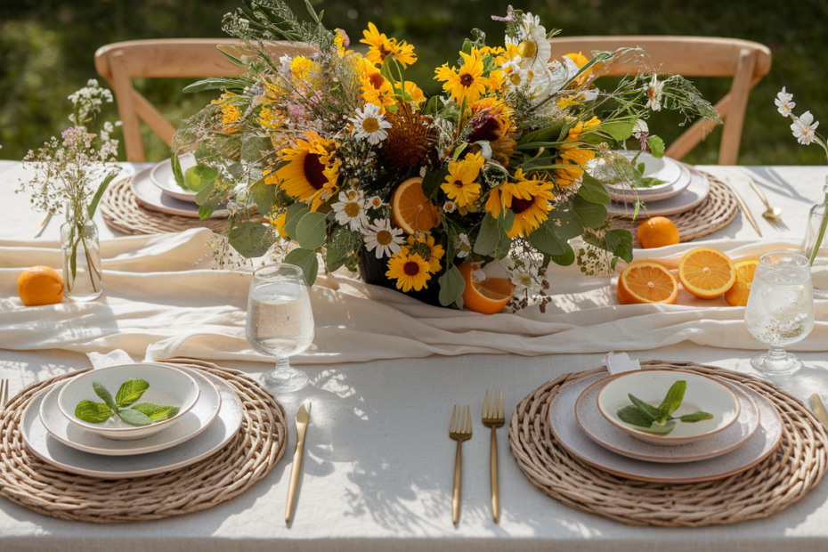 Outdoor summer dining table with a white linen tablecloth, vibrant wildflower and citrus centerpiece, rattan placemats, ceramic plates, gold flatware, and string lights in a lush garden setting.