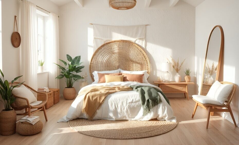 Boho Bedroom that is decorated for summer