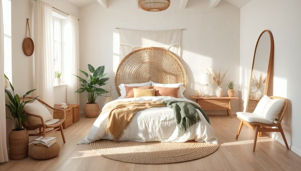 Boho Bedroom that is decorated for summer
