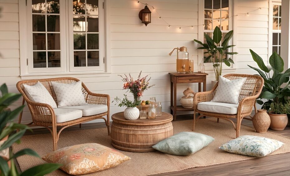 Elegant summer porch with rattan chairs, floral cushions, wildflower bouquet, boho rug, and citrus drink station surrounded by tropical plants.