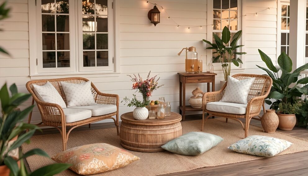 Elegant summer porch with rattan chairs, floral cushions, wildflower bouquet, boho rug, and citrus drink station surrounded by tropical plants.