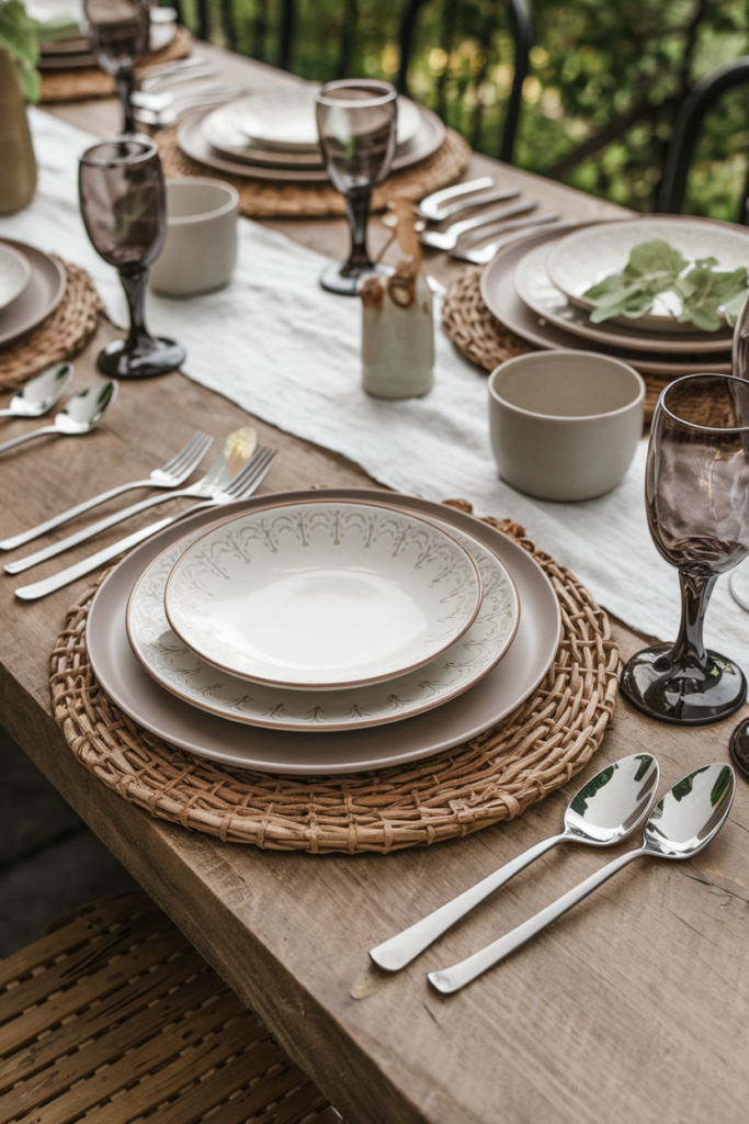 Outdoor table with melamine plates, stoneware, stainless steel flatware.