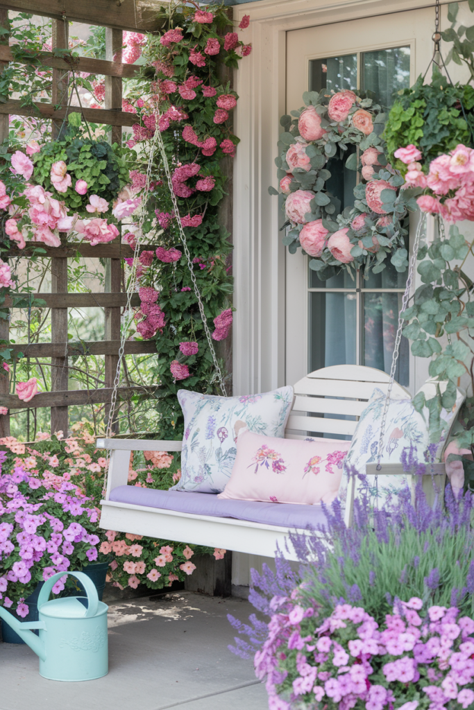 Porch decorated for the summer with flowers