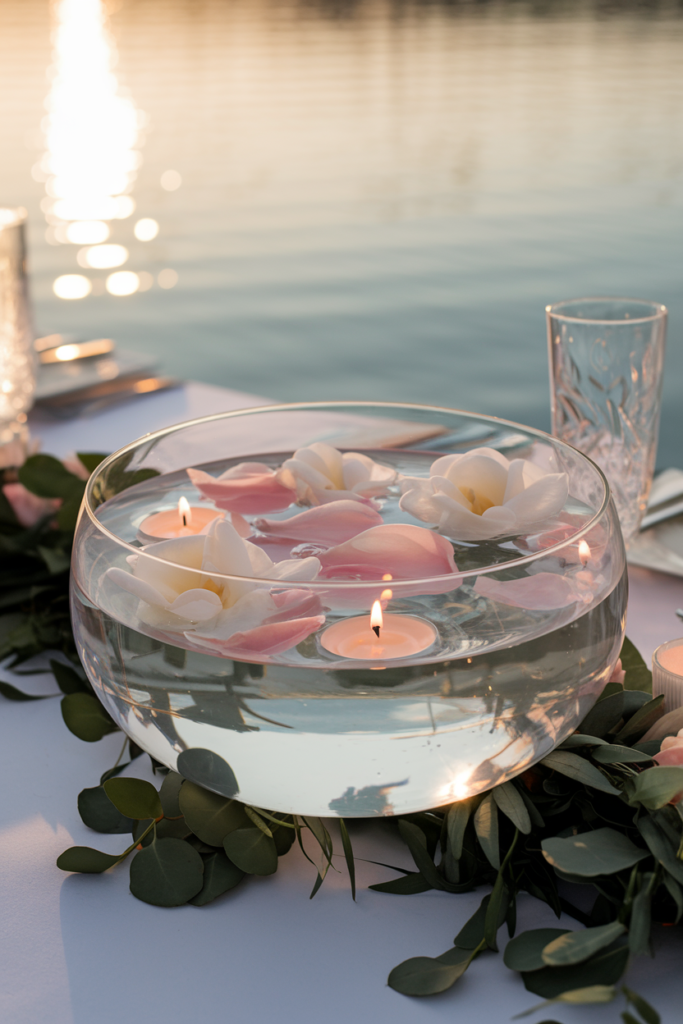 Floating gardenias and candles in a shallow glass bowl.