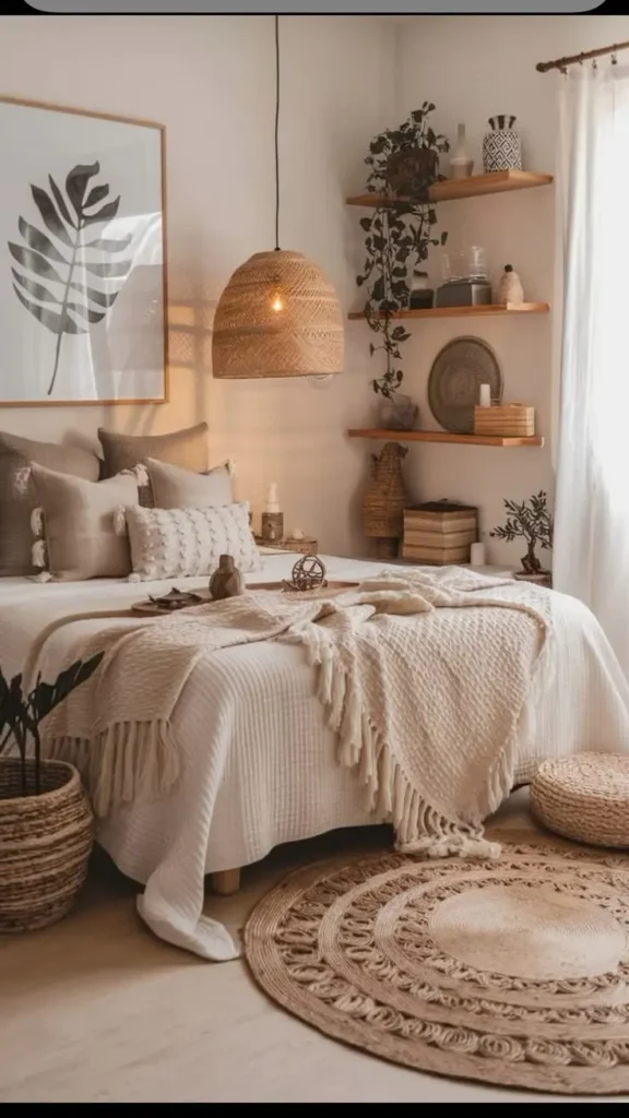 Floating Shelves with Minimalist Decor for Boho Bedroom