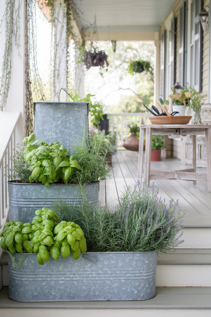 Herbs grew in galvanized metal buckets as rustic summer décor for the porch.