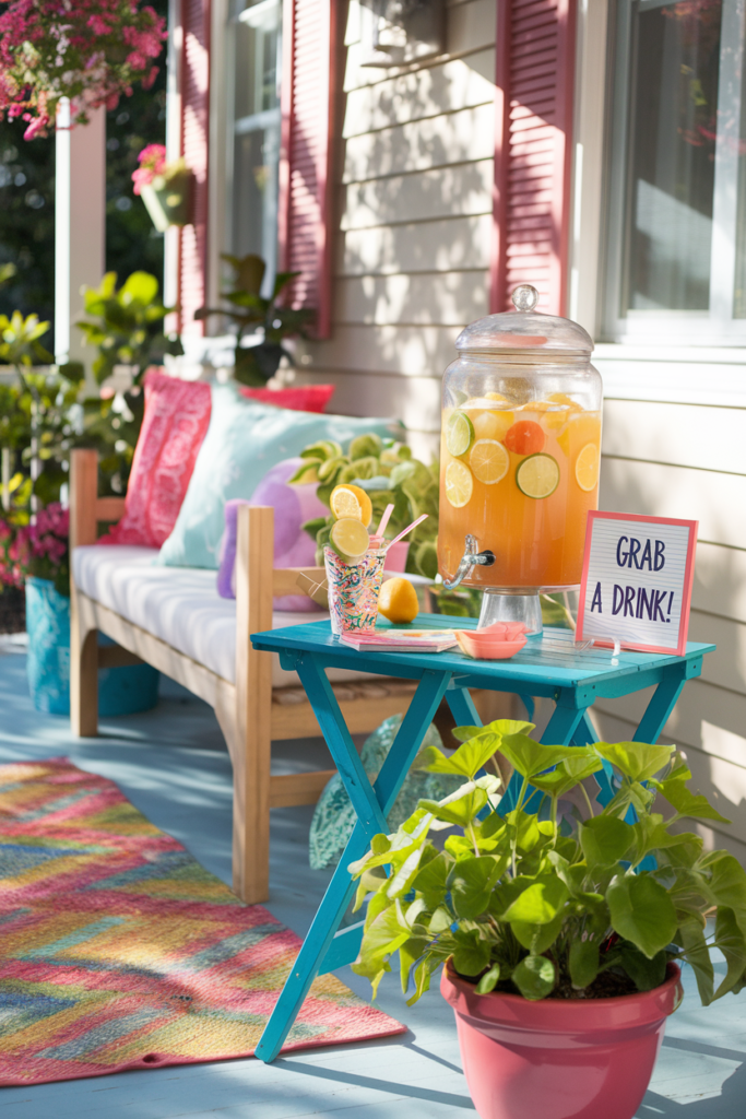 A citrus-themed drink dispenser station on the porch adds a refreshing touch for summer.