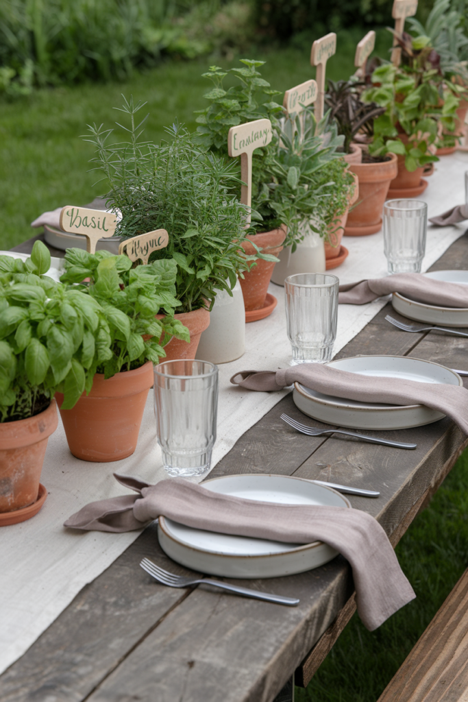 Summer table with terracotta pots of fresh herbs on a linen runner, white plates, and rustic wooden accents.
