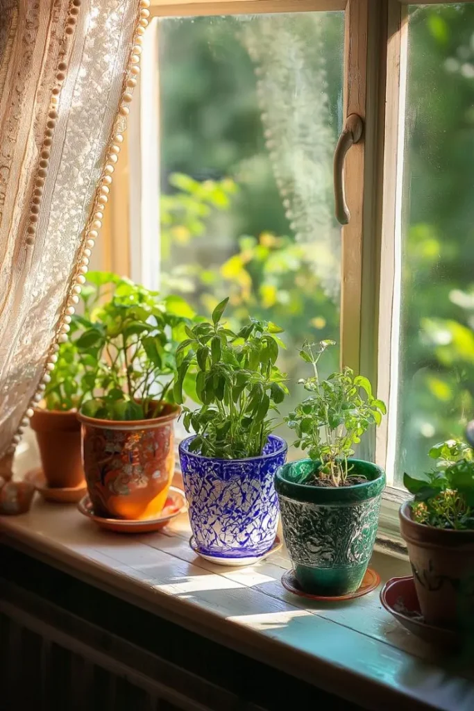 Mini Herb Plants on the Kitchen Window Sil