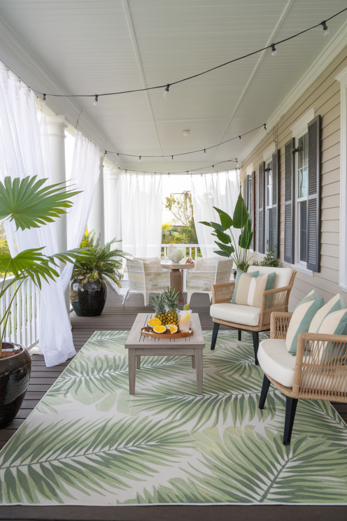 The porch is decorated with a Palm Leaf Patterned Outdoor Rug for summer in a tropical style.