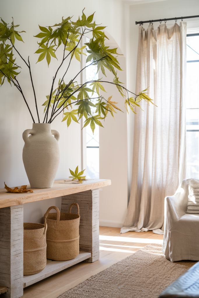 Long Maple Branches in a Ceramic Vase as a Summer Decor