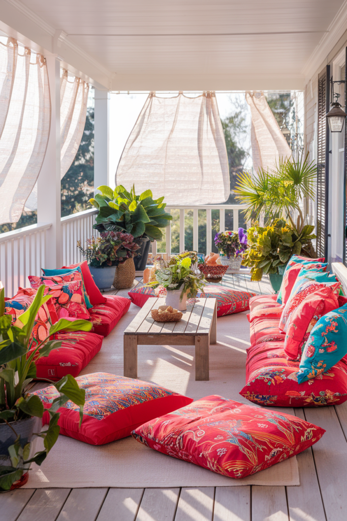 Colorful floor cushions with floral accents are arranged around a low coffee table on the porch as boho-style summer decor.