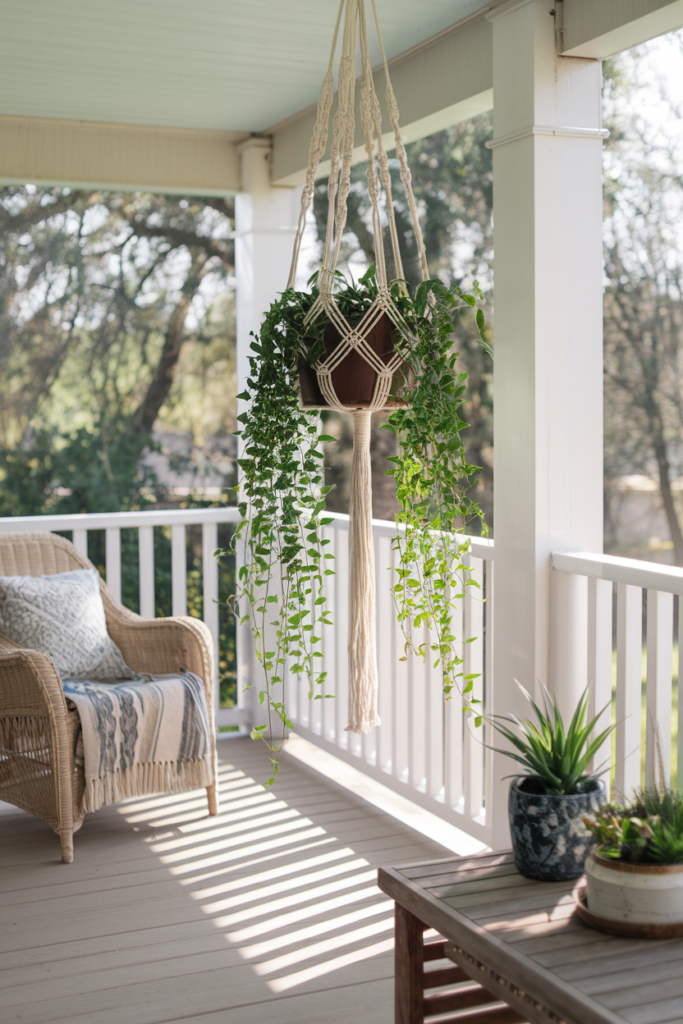 A macrame hanging planter hang on the porch as boho-style summer decor.