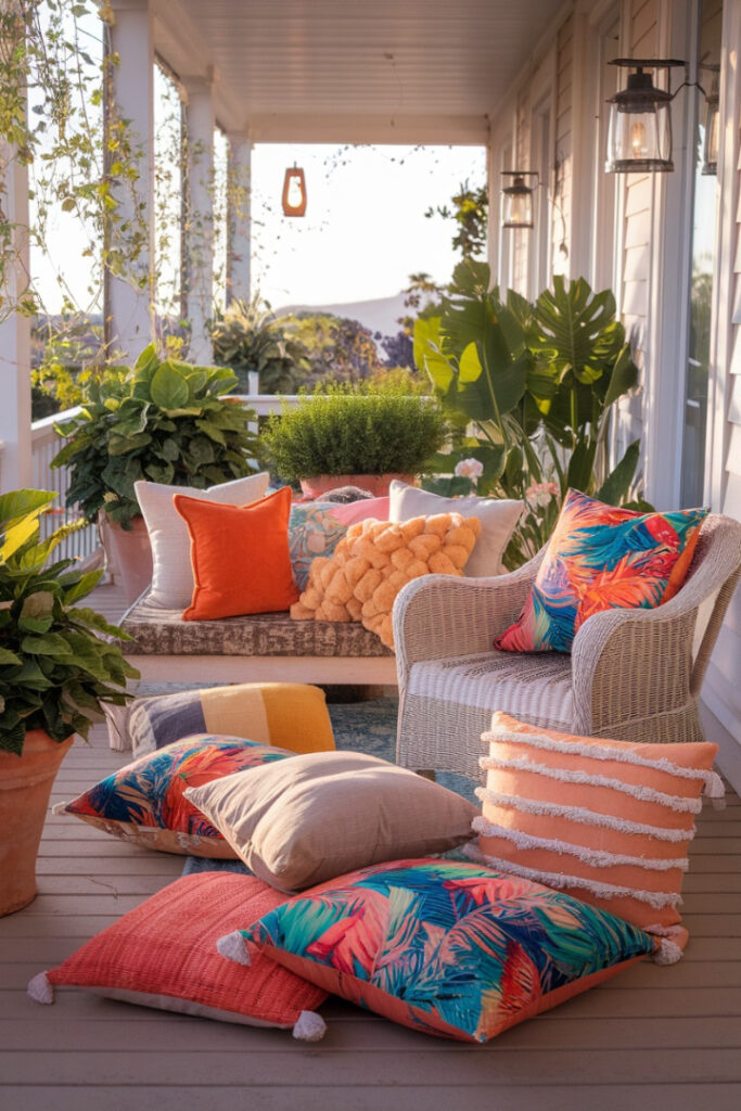 Colorful mismatched throw pillows as boho-style summer decor for the porch .
