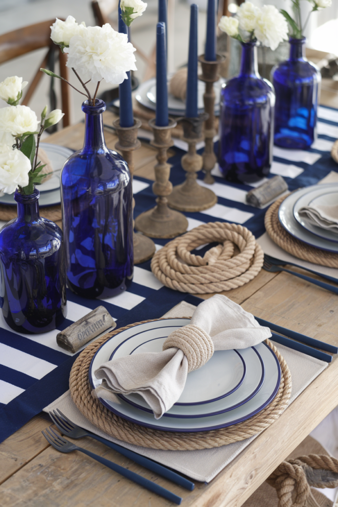 Coastal-inspired table with navy striped runner, brass accents, rope napkin rings, and blue glass bottles.