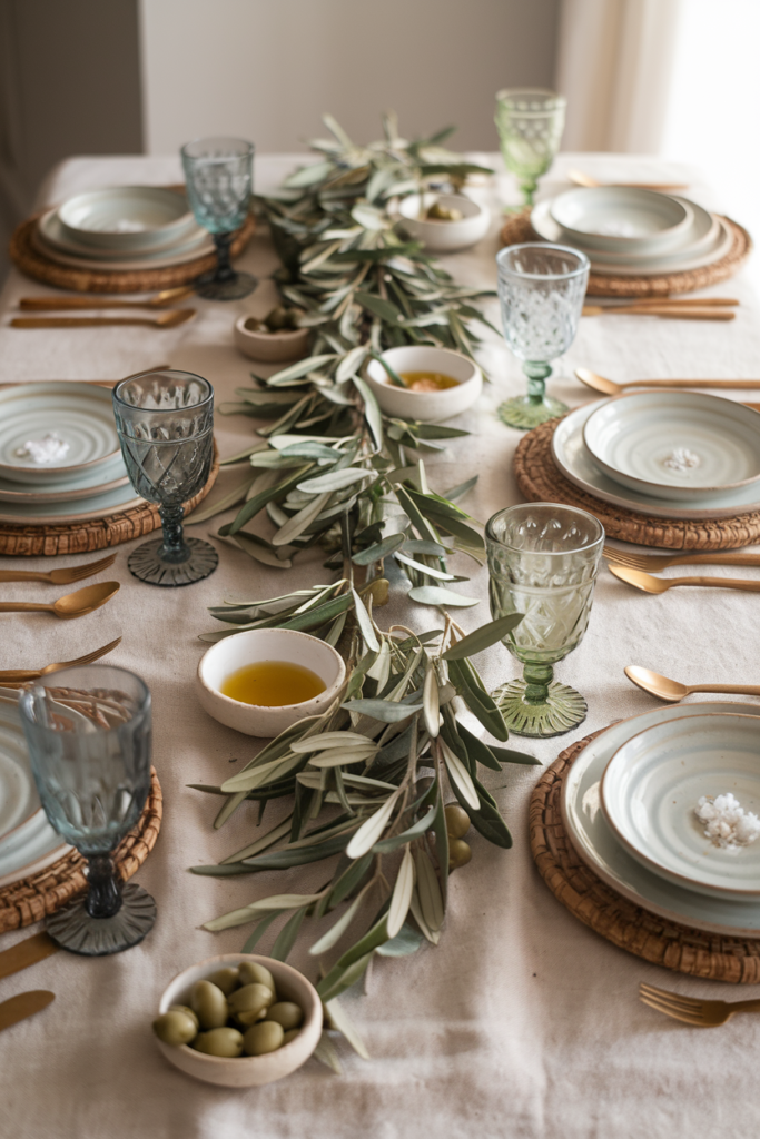Mediterranean-inspired table with olive branches, rustic linen, white bowls of olives and artisan stoneware.