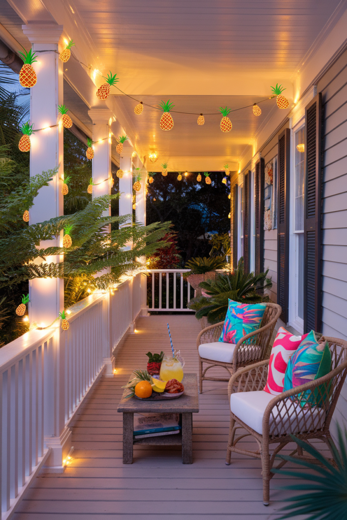 The porch is decorated with Pineapple String Lights for summer in a tropical style.