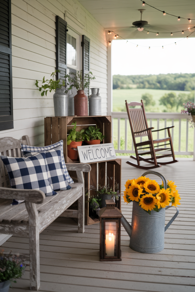 Porch is decorated for summer in rustic farmhouse style