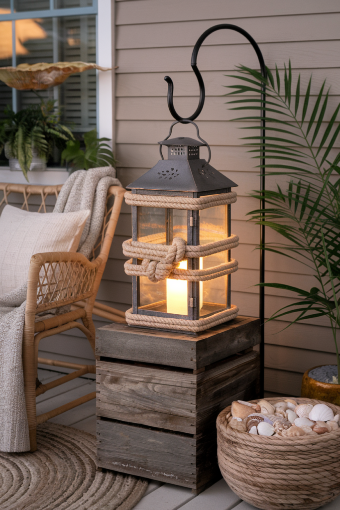 Vintage Rustic Lantern with a nautical knot as a Coastal style Summer Porch Décor