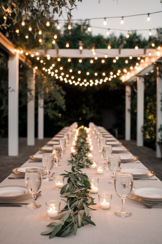 Summer evening table under layered string lights, with neutral table decor and soft candle glow.