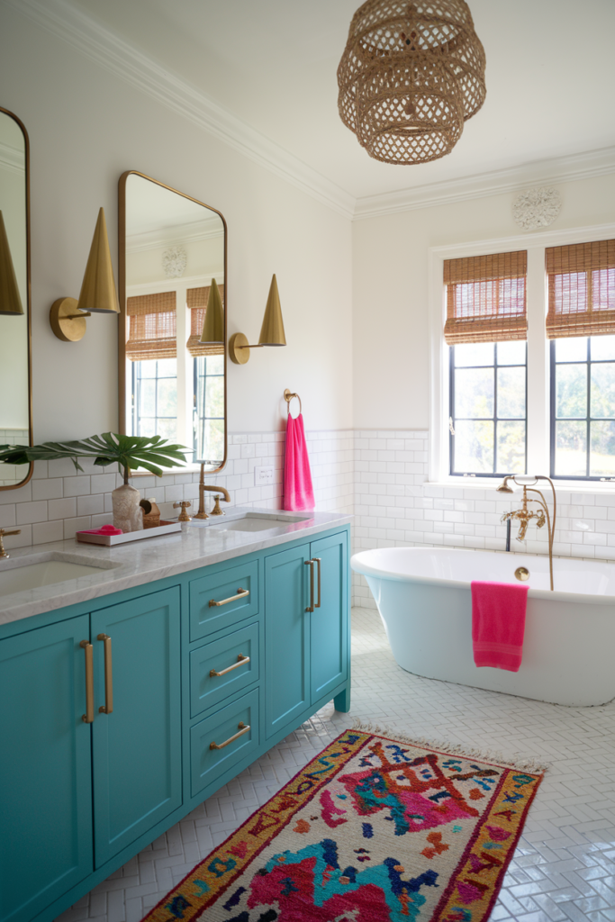 Colorful Coastal style Bathroom Decorated for the Summer